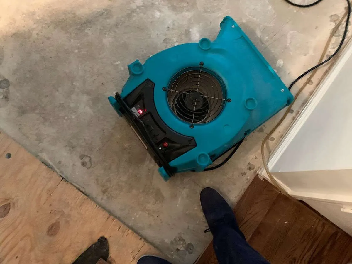 Air mover drying subfloor during Leak Detection & Repair in Plaquemine
